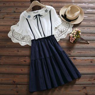 Mock Two-piece Short-sleeve Star Embroidered A-line Dress