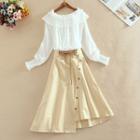 Set: Off-shoulder Lace Long-sleeve Top + High Waist A-line Skirt
