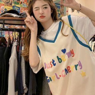 Mock Two Piece Printed Letter Oversize Top Almond - One Size