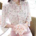 Tie-neck 3/4-sleeve Floral Blouse