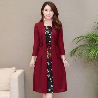 Long-sleeve Floral Panel Midi A-line Dress