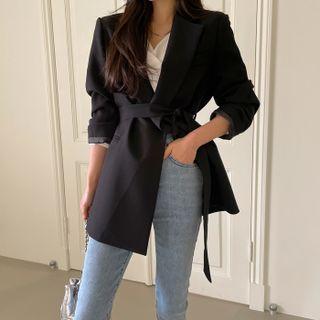 Welt-pocket Wrap Blazer With Sash
