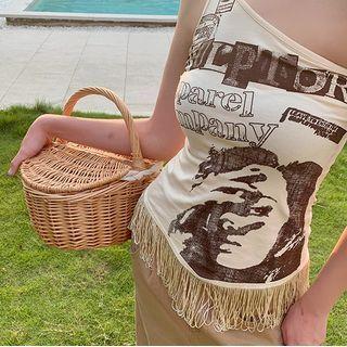 One-shoulder Tasseled Printed Top