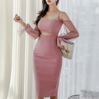 Mesh-sleeve Cold-shoulder Sheath Dress