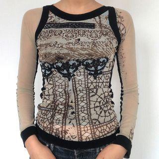 Long Sleeve Printed Panel Mesh Top