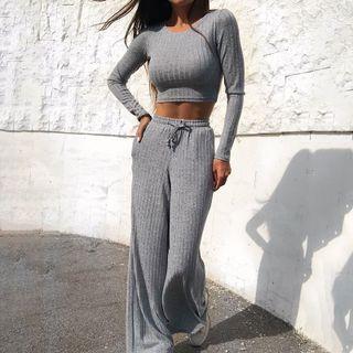 Set: Long Sleeve Plain Ribbed Knit Crop Top + Sweatpants