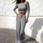 Set: Long Sleeve Plain Ribbed Knit Crop Top + Sweatpants