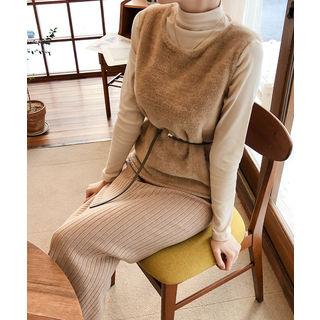 Set: Furry Sleeveless Top + Mock-neck Knit Top + Midi Skirt + Belt Beige - One Size