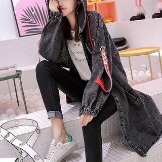 Lettering-trim Buttoned Hooded Denim Coat