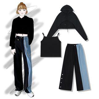 Cropped Pullover / Camisole Top / Two-tone Wide-leg Jeans