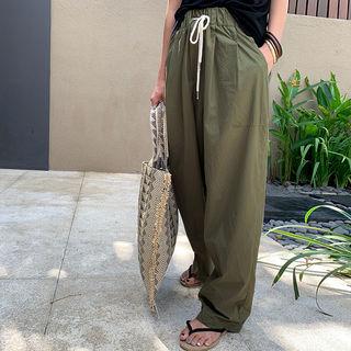 Drawcord Wide-leg Pants Khaki - One Size