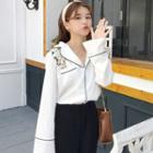 Piped Embroidered Long-sleeve Blouse