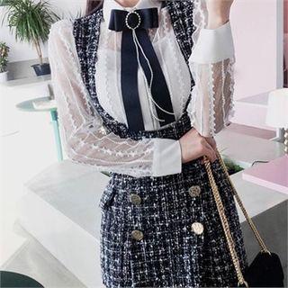 Puff-shuolder Lace Sheer Blouse With Brooch
