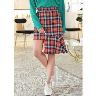 Cutout-hem Check Midi Skirt