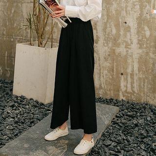 Plain High-waist Wide-leg Cropped Pants