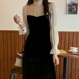 Long-sleeve Velvet Panel Midi A-line Dress Black - One Size