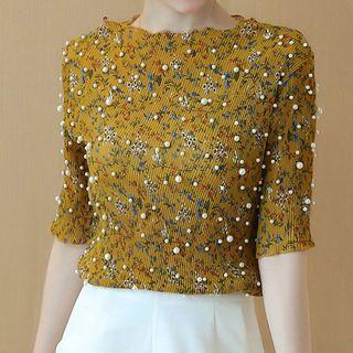Faux Pearl Floral Print Short Sleeve Chiffon Top