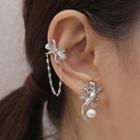 Bow Rhinestone Chained Alloy Cuff Earring 1 Pc - Clip On Earring - Right - Silver - One Size