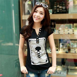 Skull V-neck Short-sleeve T-shirt