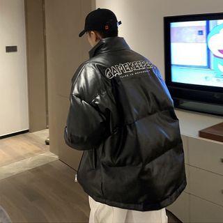 Faux Leather Lettering Padded Coat