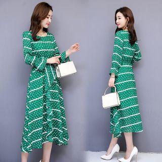 Bell-sleeve Stripe Midi A-line Dress