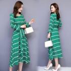 Bell-sleeve Stripe Midi A-line Dress
