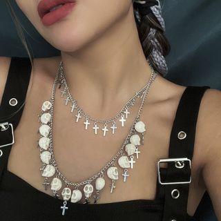 Skull Acrylic Cross Alloy Fringed Layered Necklace 0048 - Faux Pearl - Silver - One Size
