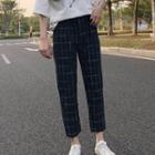 Mock Turtleneck Striped Long-sleeve Top / Cropped Straight-cut Plaid Pants