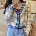 Striped Letter Embroidered Cardigan Stripes - Blue & White - One Size