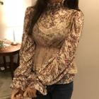 Set: Floral Print Frill Trim Long-sleeve Blouse + Spaghetti Strap Top