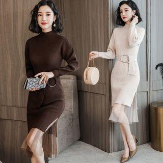Set: Mock Neck Mini Sheath Sweater Dress + Midi Mesh Skirt