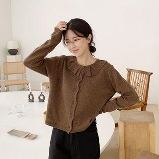 Pleated-collar Drop-shoulder Cardigan Brown - One Size