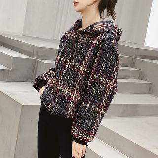 Tweed Pom Pom Accent Hoodie