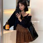 Off-shoulder Plain V-neck Long-sleeve T-shirt