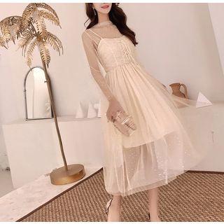 Set: Long-sleeve Mesh Top + Spaghetti-strap Mesh Dress
