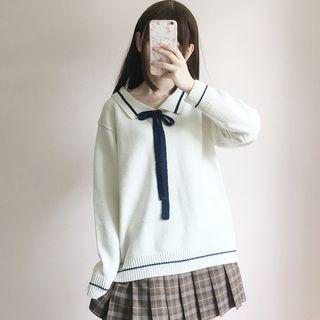 Bow Accent Contrast Trim Sweater