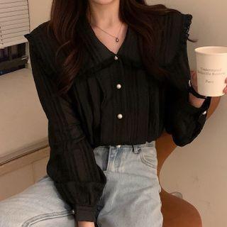 Collared Lace Trim Faux Pearl Button Blouse