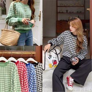 Round-neck Check Knit Top