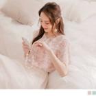Set: Short-sleeve Lace Trim Collar Floral Print Chiffon Shirt + Plain Camisole