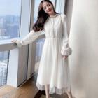 Bell-sleeve Plain Lace Panel Mesh A-line Dress
