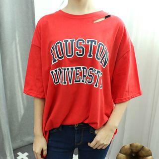 Lettering Cutout-neckline T-shirt