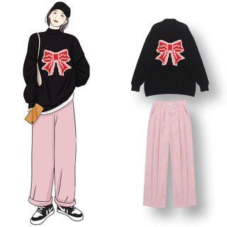 Mock-turtleneck Bow Print Sweater / Wide Leg Pants
