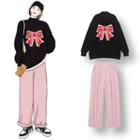 Mock-turtleneck Bow Print Sweater / Wide Leg Pants