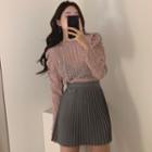 Long-sleeve Lace Top / Pleated A-line Mini Skirt