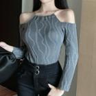 Long-sleeve Off Shoulder Plain Slim Fit Chain Halter Knit Top