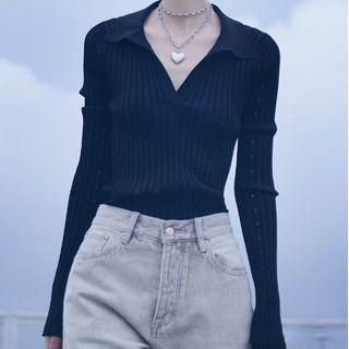 Collared Open Placket Knit Top
