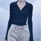 Collared Open Placket Knit Top