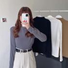 Semi High-neck Long-sleeve Plain T-shirt