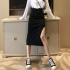 Long-sleeve Plain T-shirt / Slit Midi Fitted Skirt
