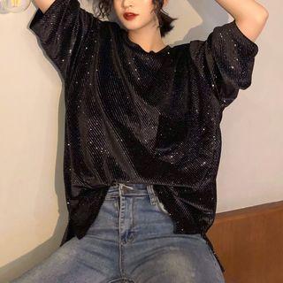 Glitter Elbow-sleeve T-shirt Black - One Size